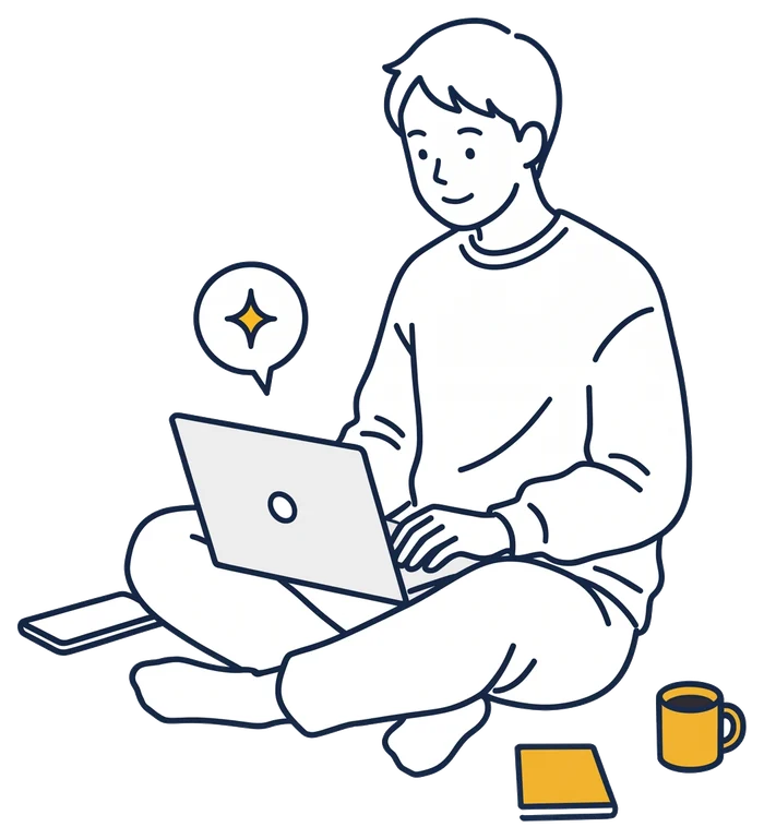 休日にノートPCでAIを触る人の線画